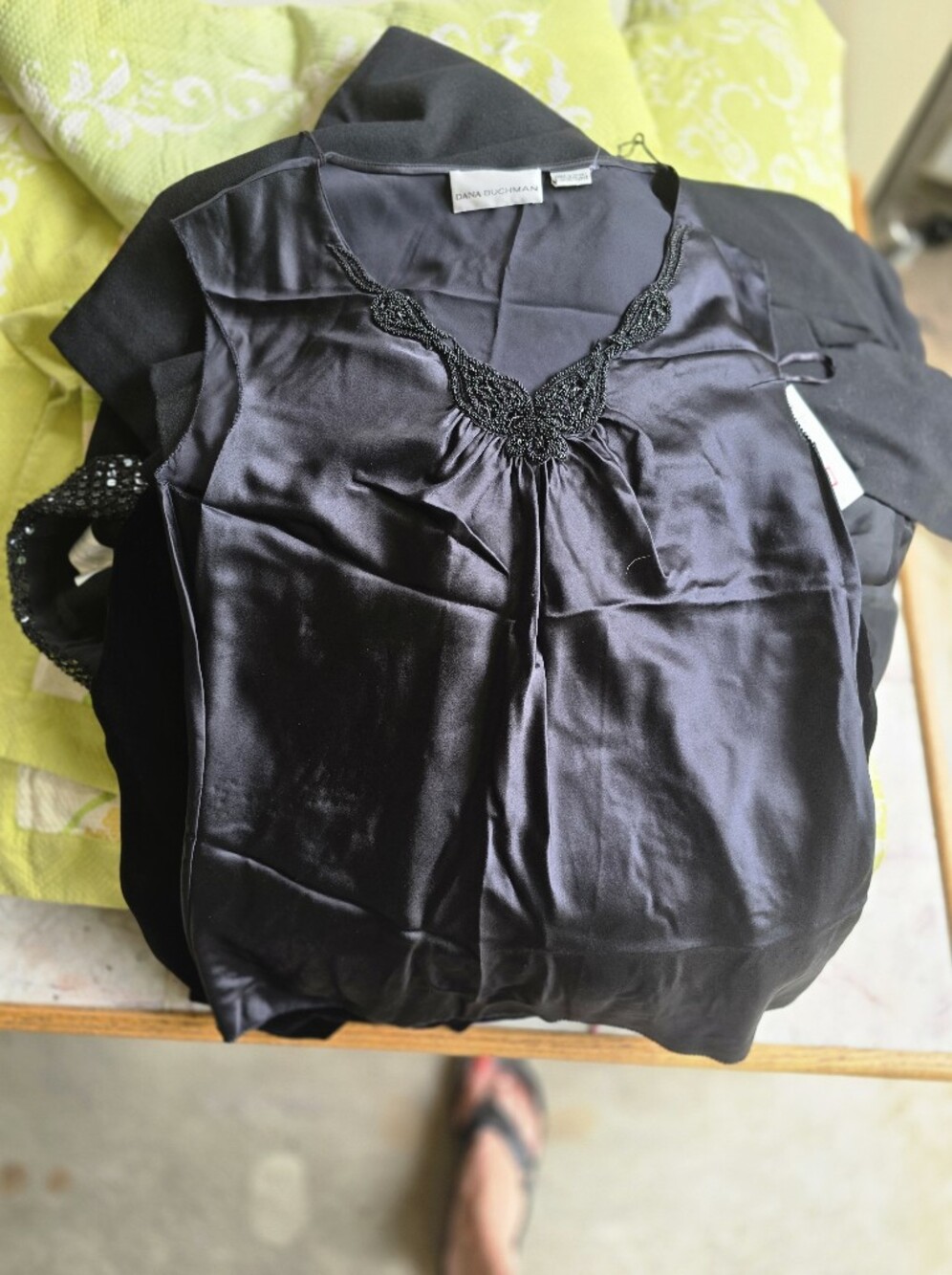 Dana Buchman Black Satin Camisole with Beaded V-Neck